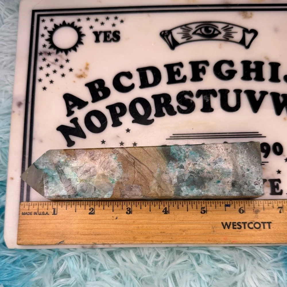 CHRYSOCOLLA WITH FLUORITE CRYSTAL TOWER OBELISK - Picture 7 of 9